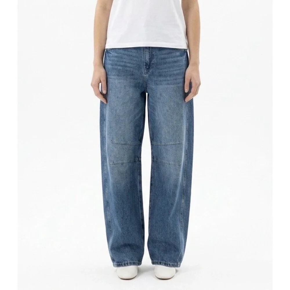 Women’s Blue Denim Barrel Leg Jeans Size 12 High Rise Wide Leg Trendy - Picture 3 of 16